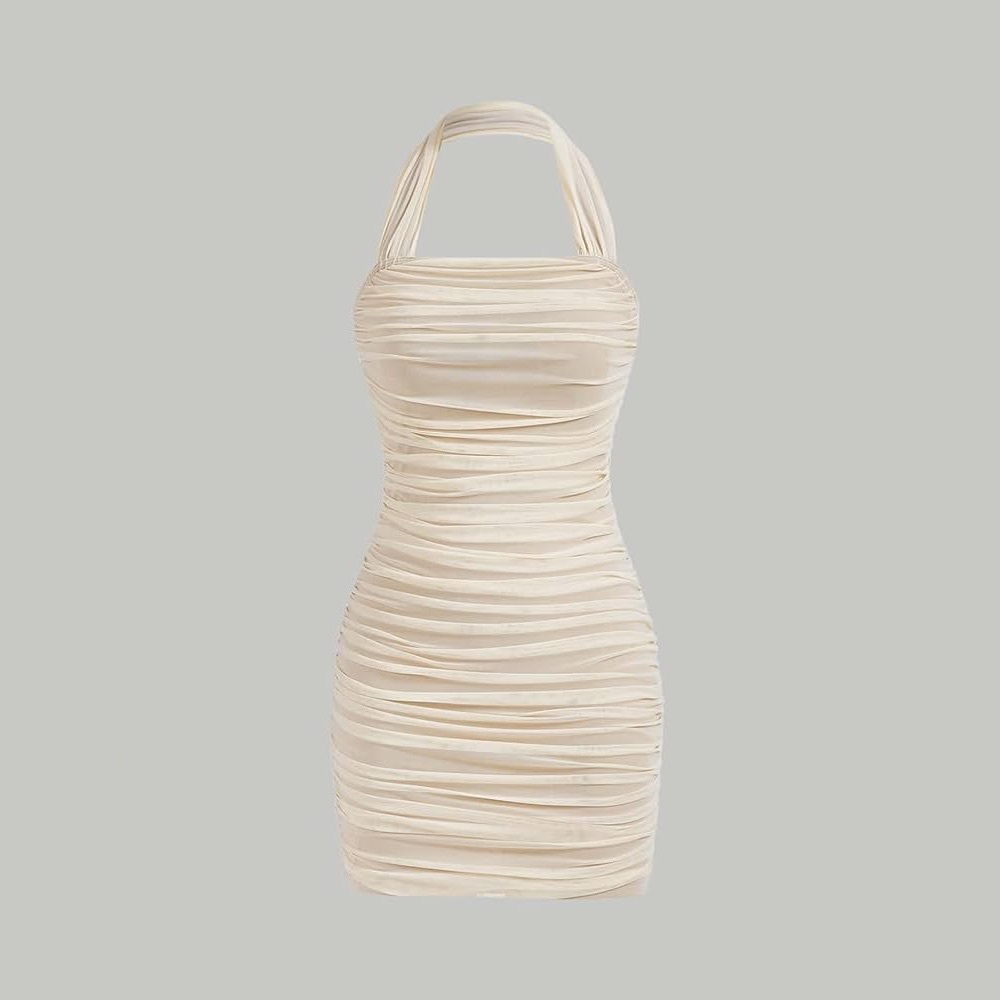 Ruched Cream Halter Bodycon Dress